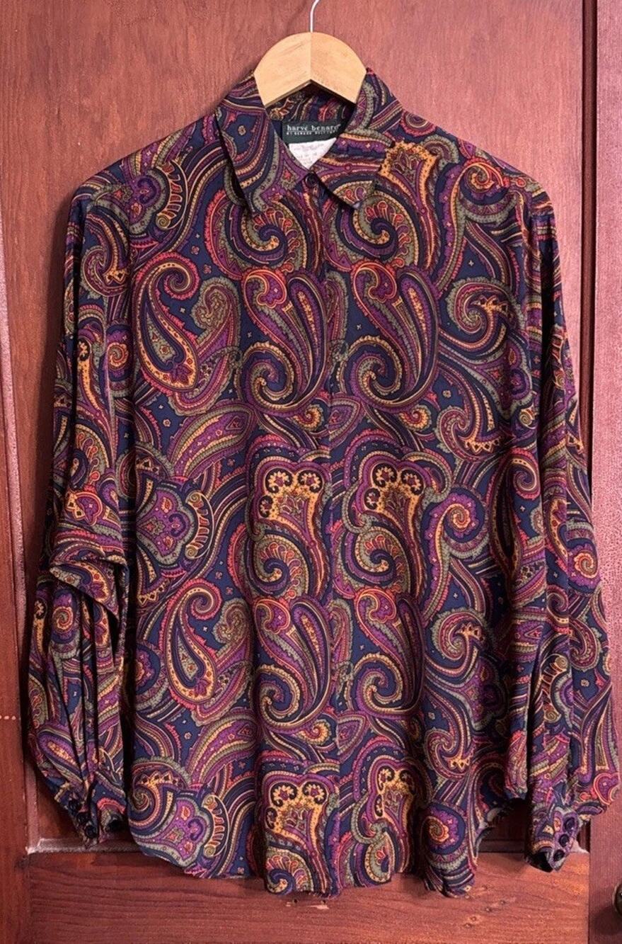 Vintage Harvé Benard Womens 10 100% Silk Paisley Blouse Button Down 90s Eclectic